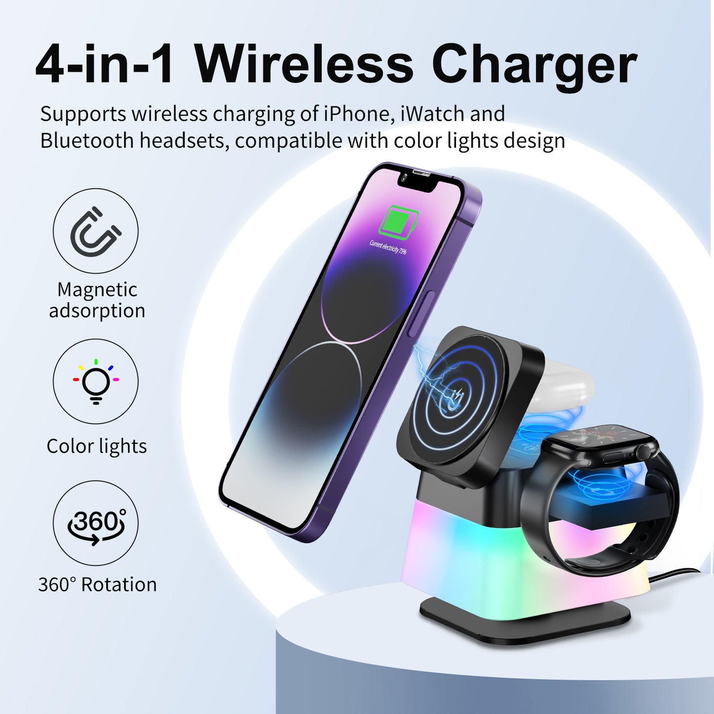 4 in 1 Rotatable Colorful Lighting Wireless Charger Stand for Phone 15 14 13 12 Pro Max 8 7 Holder Magnetic Fast Charging Station